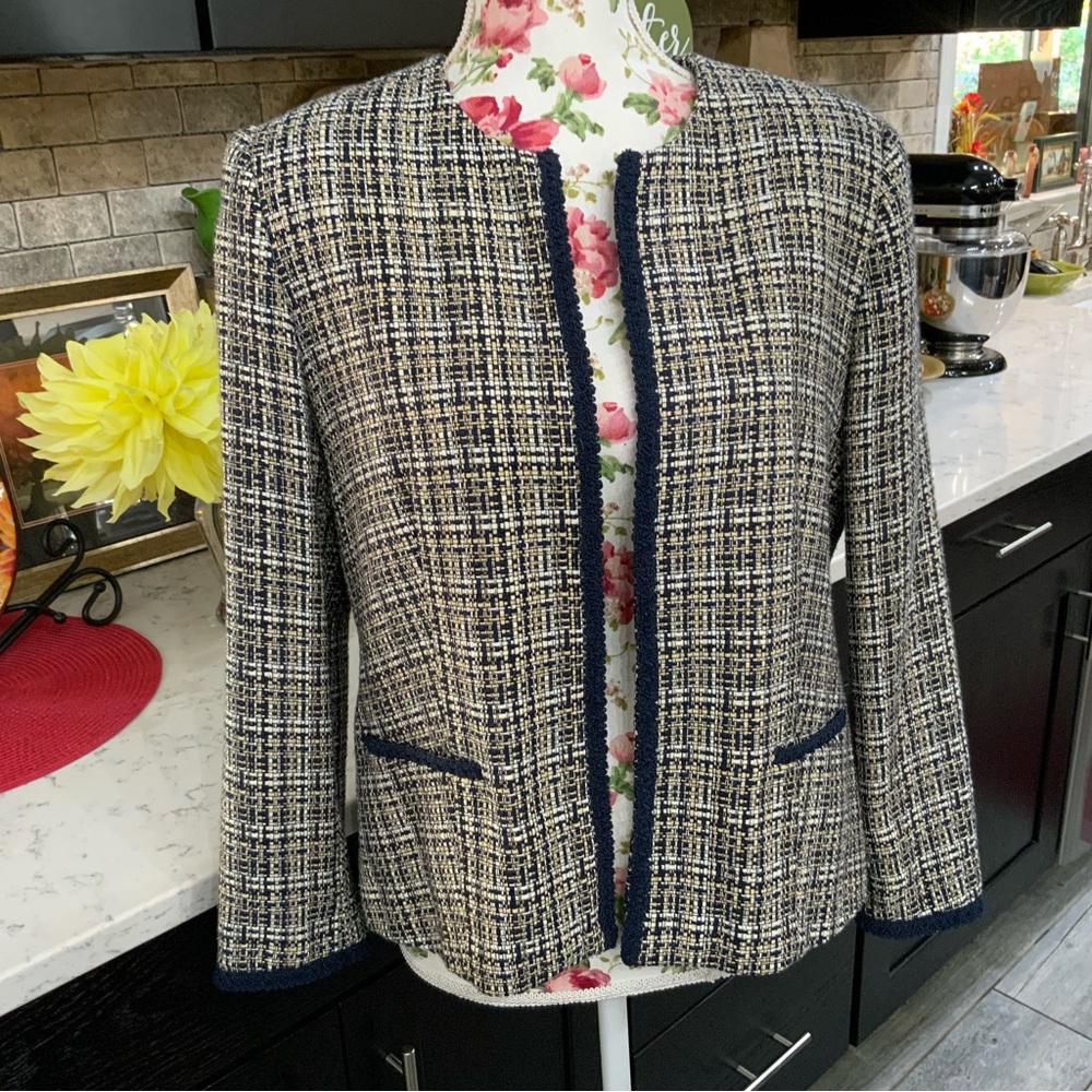 Alfred Dunner Tweed Blazer Jacket Navy Blue Tan White Career To Casual 10 Petite